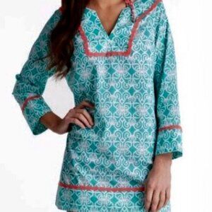 VINEYARD VINES Tunic Dress Geo Torquoise Print Coral Trim V Neck Long Sleeve S